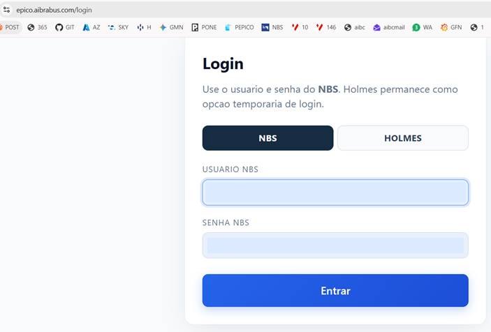 Tela de login do Épico com usuário e senha NBS